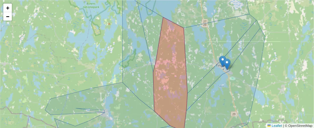 Karta över postnummerområdet  och angränsande postnummer i Sverige