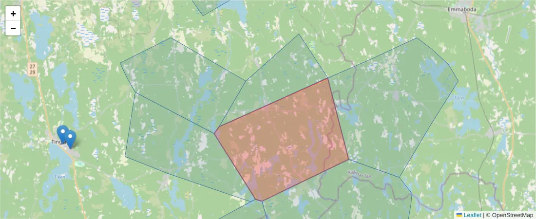 Karta över postnummerområdet  och angränsande postnummer i Sverige