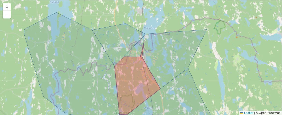 Karta över postnummerområdet  och angränsande postnummer i Sverige