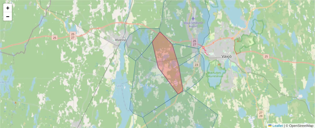 Karta över postnummerområdet  och angränsande postnummer i Sverige
