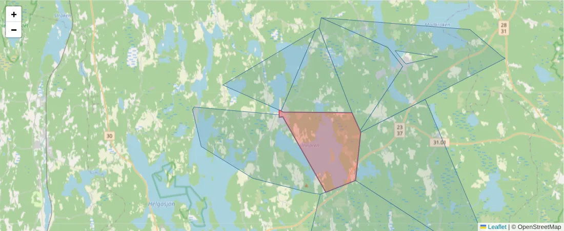 Karta över postnummerområdet  och angränsande postnummer i Sverige