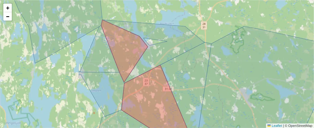 Karta över postnummerområdet  och angränsande postnummer i Sverige