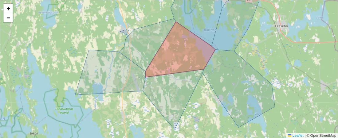 Karta över postnummerområdet  och angränsande postnummer i Sverige