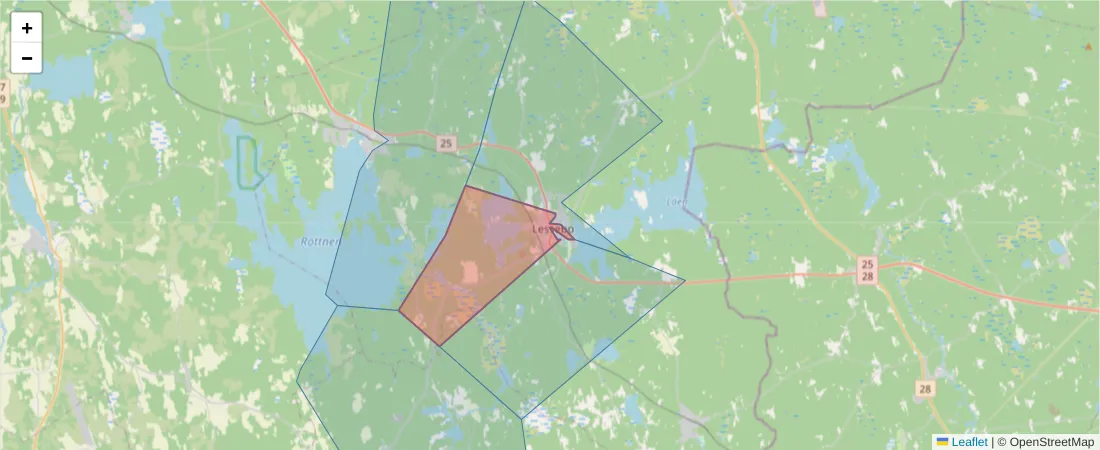 Karta över postnummerområdet  och angränsande postnummer i Sverige