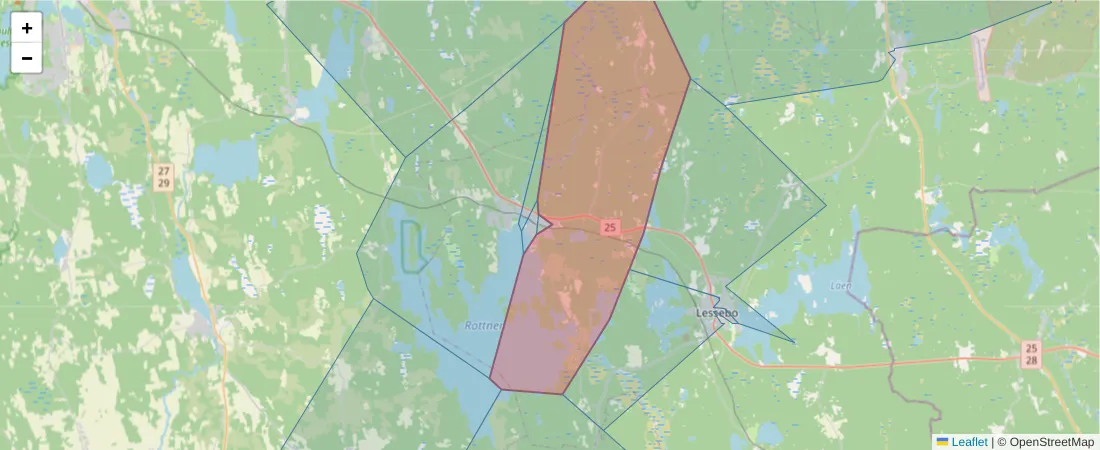 Karta över postnummerområdet  och angränsande postnummer i Sverige