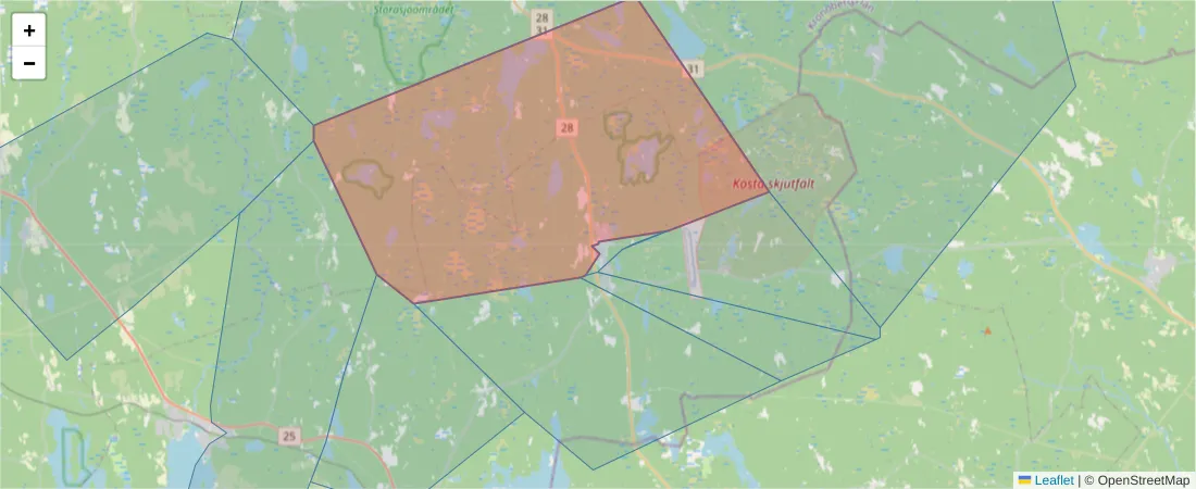 Karta över postnummerområdet  och angränsande postnummer i Sverige