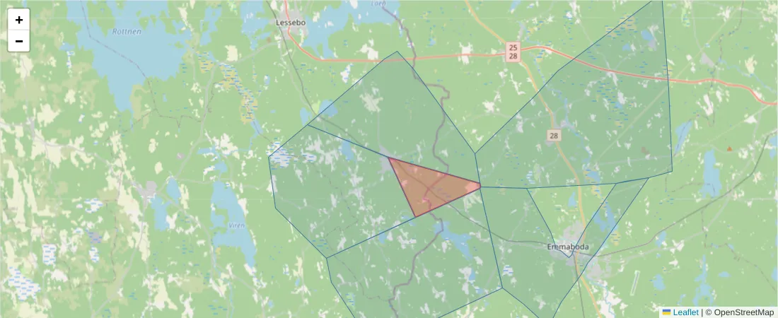 Karta över postnummerområdet  och angränsande postnummer i Sverige