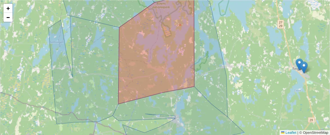 Karta över postnummerområdet  och angränsande postnummer i Sverige