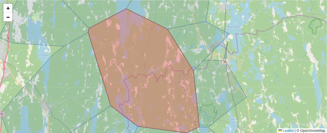 Karta över postnummerområdet  och angränsande postnummer i Sverige