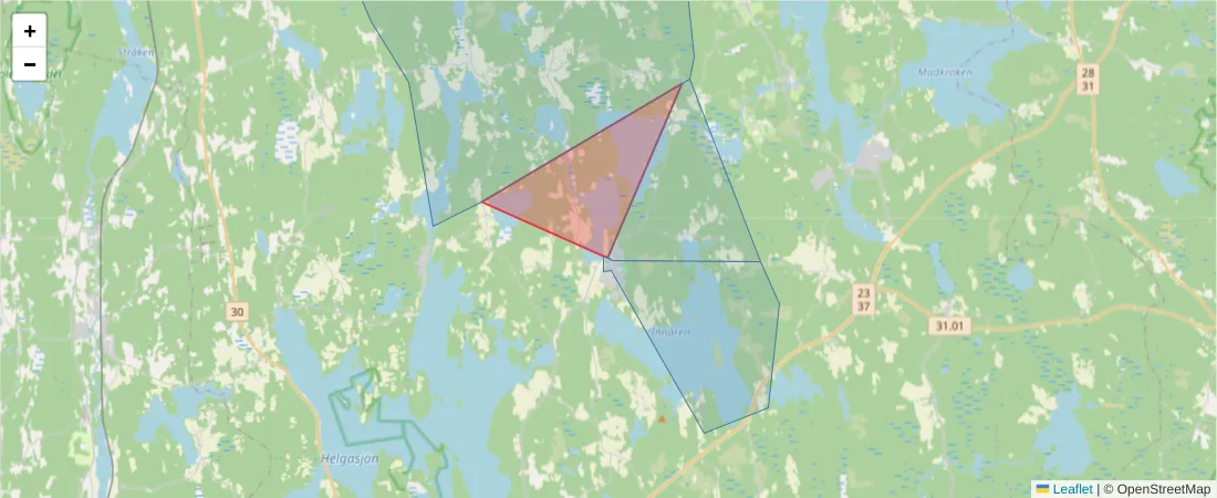 Karta över postnummerområdet  och angränsande postnummer i Sverige