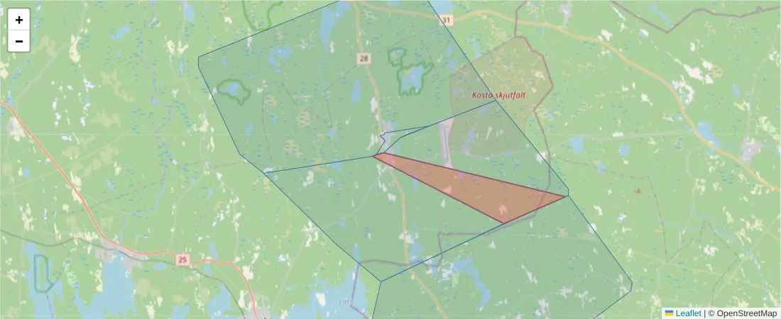 Karta över postnummerområdet  och angränsande postnummer i Sverige