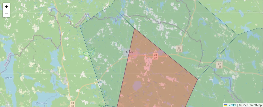 Karta över postnummerområdet  och angränsande postnummer i Sverige