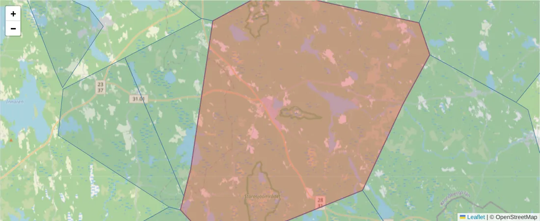Karta över postnummerområdet  och angränsande postnummer i Sverige