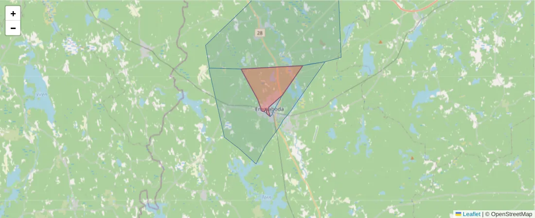 Karta över postnummerområdet  och angränsande postnummer i Sverige