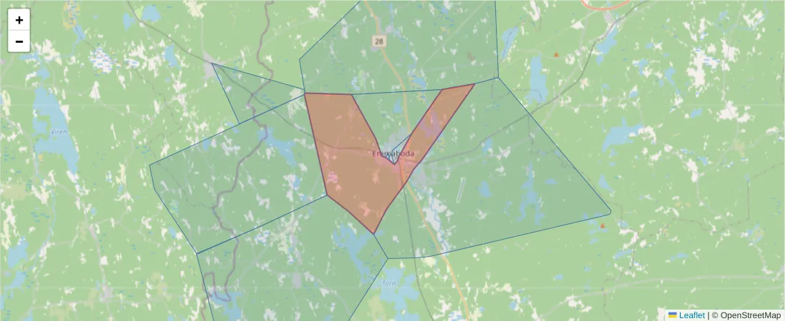 Karta över postnummerområdet  och angränsande postnummer i Sverige