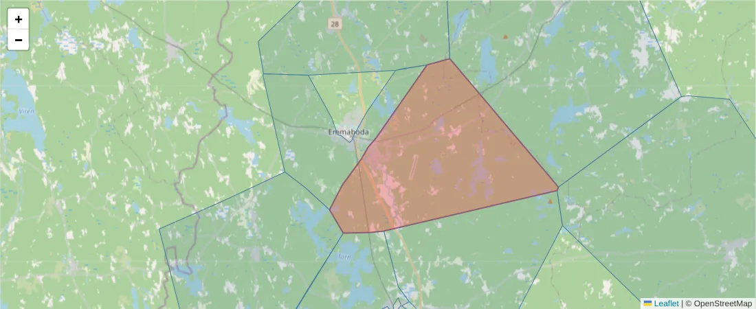 Karta över postnummerområdet  och angränsande postnummer i Sverige