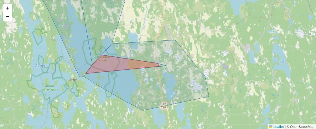 Karta över postnummerområdet  och angränsande postnummer i Sverige