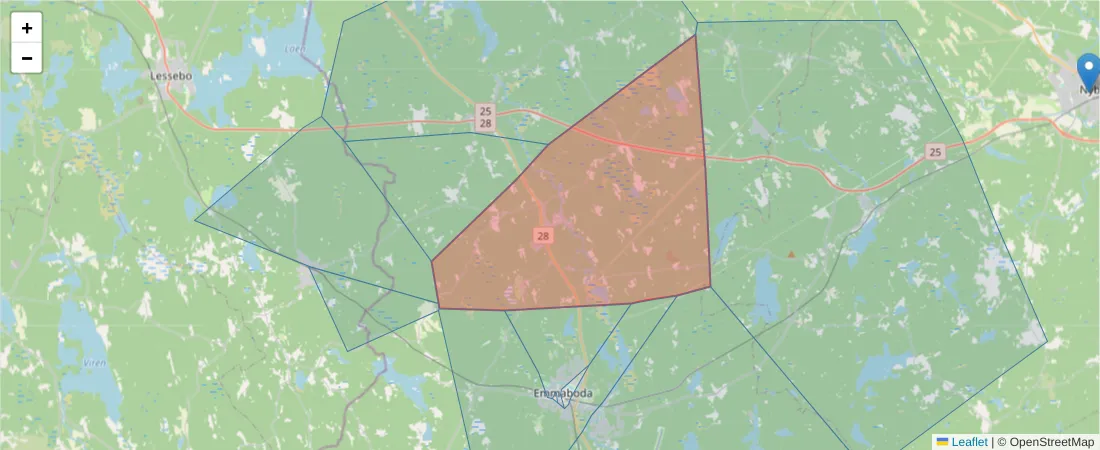 Karta över postnummerområdet  och angränsande postnummer i Sverige