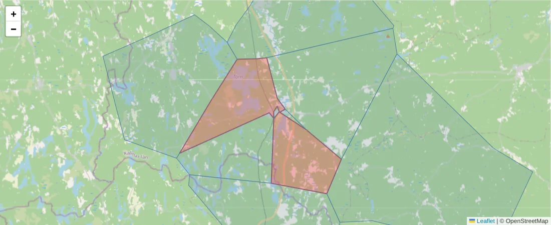 Karta över postnummerområdet  och angränsande postnummer i Sverige