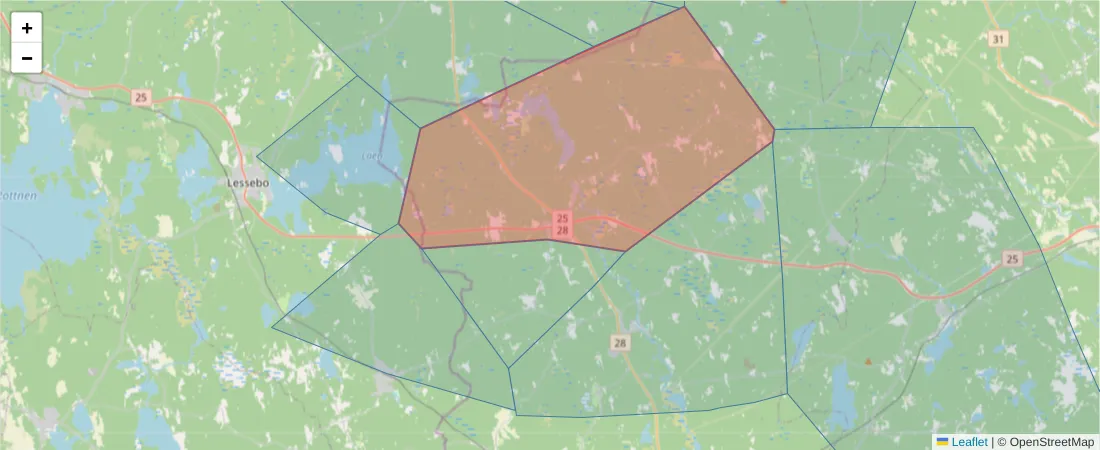 Karta över postnummerområdet  och angränsande postnummer i Sverige