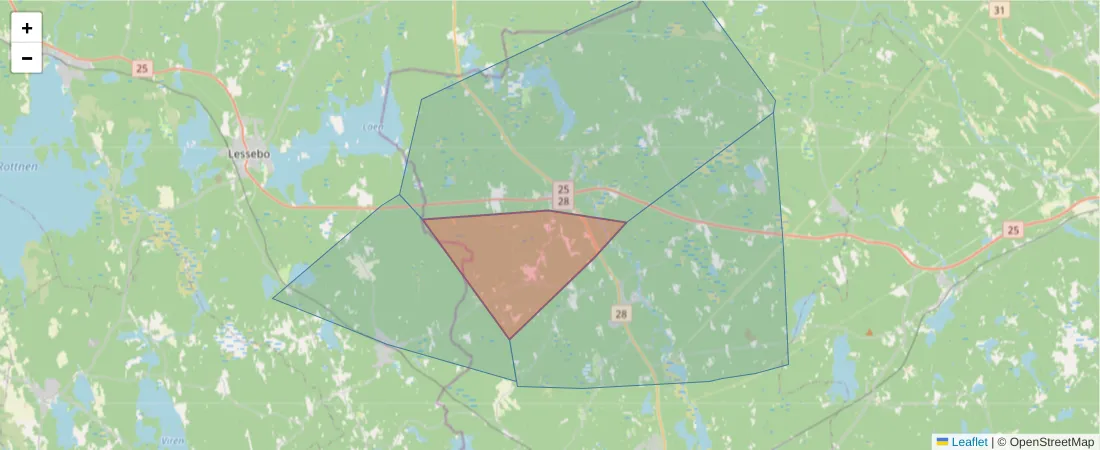 Karta över postnummerområdet  och angränsande postnummer i Sverige