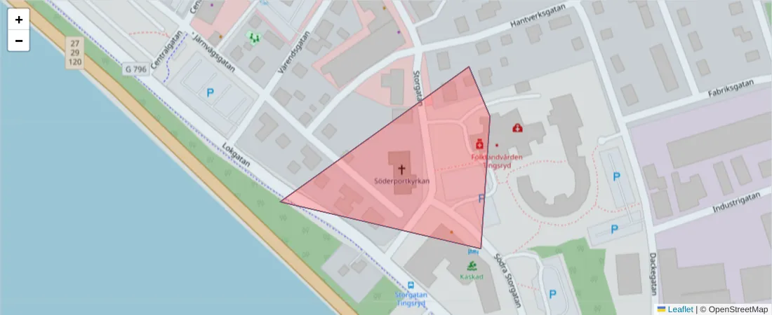 Karta över postnummerområdet  och angränsande postnummer i Sverige