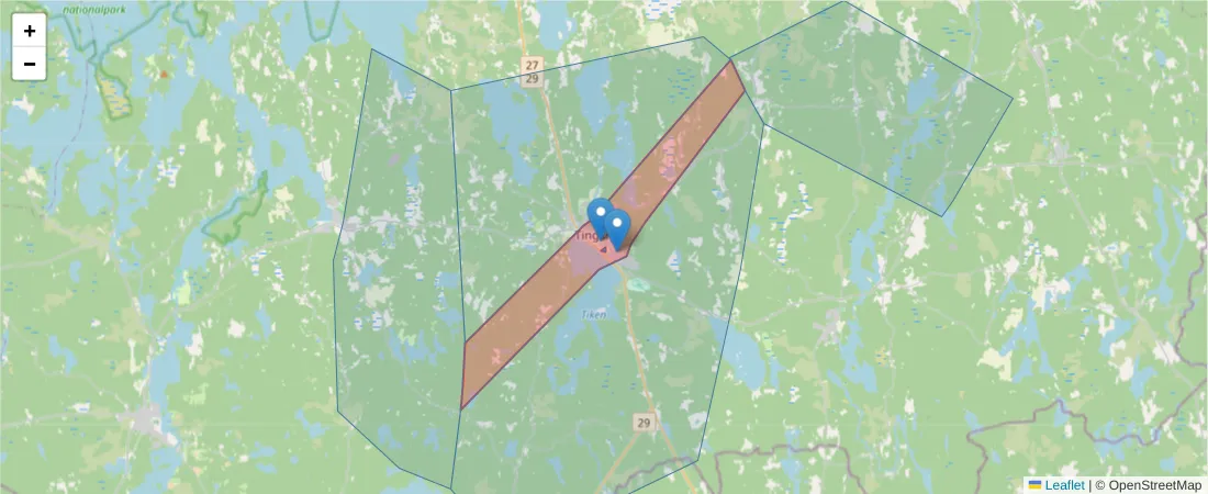 Karta över postnummerområdet  och angränsande postnummer i Sverige