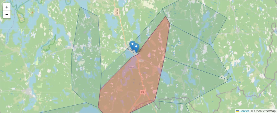 Karta över postnummerområdet  och angränsande postnummer i Sverige