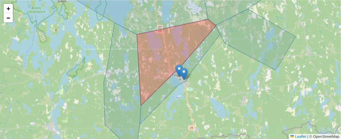 Karta över postnummerområdet  och angränsande postnummer i Sverige