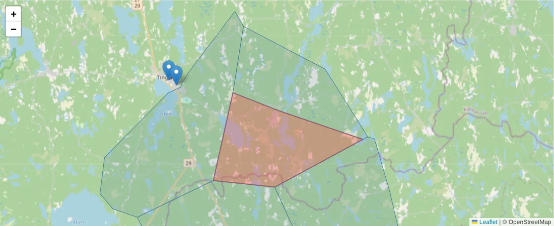 Karta över postnummerområdet  och angränsande postnummer i Sverige