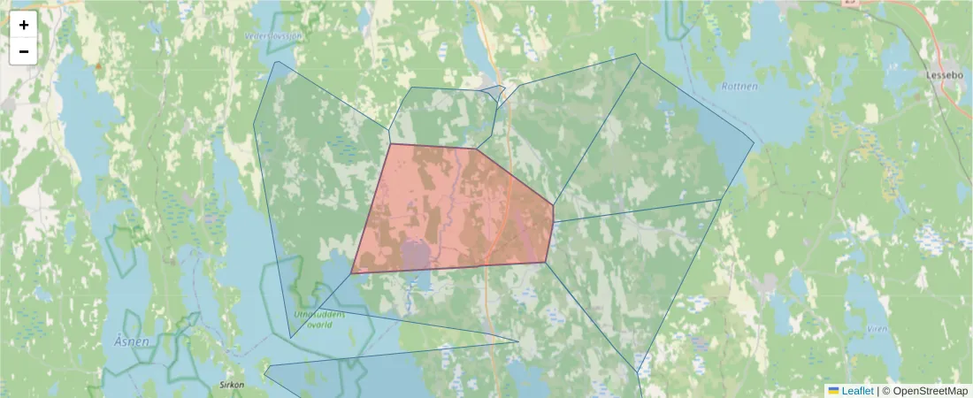 Karta över postnummerområdet  och angränsande postnummer i Sverige