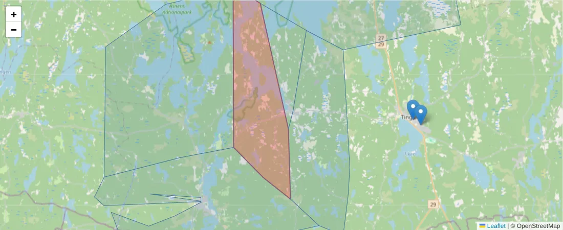 Karta över postnummerområdet  och angränsande postnummer i Sverige