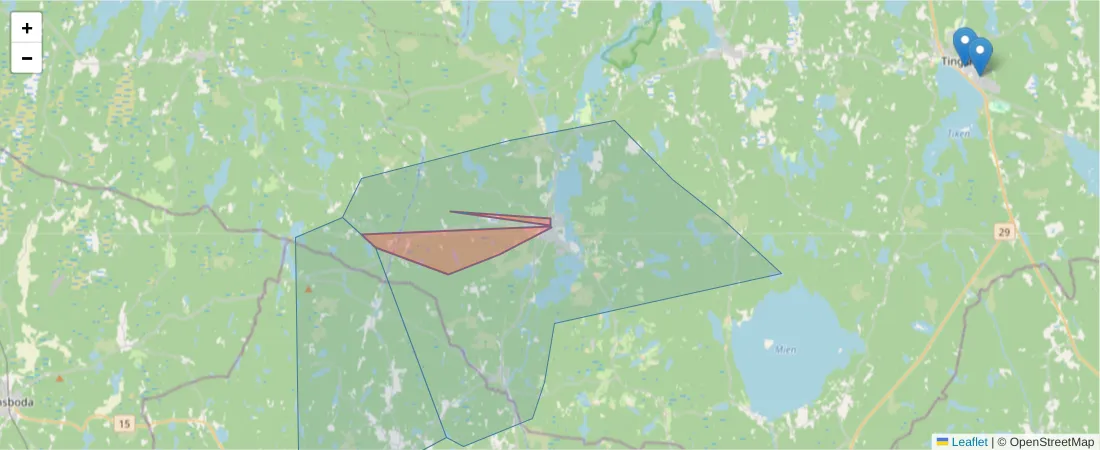Karta över postnummerområdet  och angränsande postnummer i Sverige