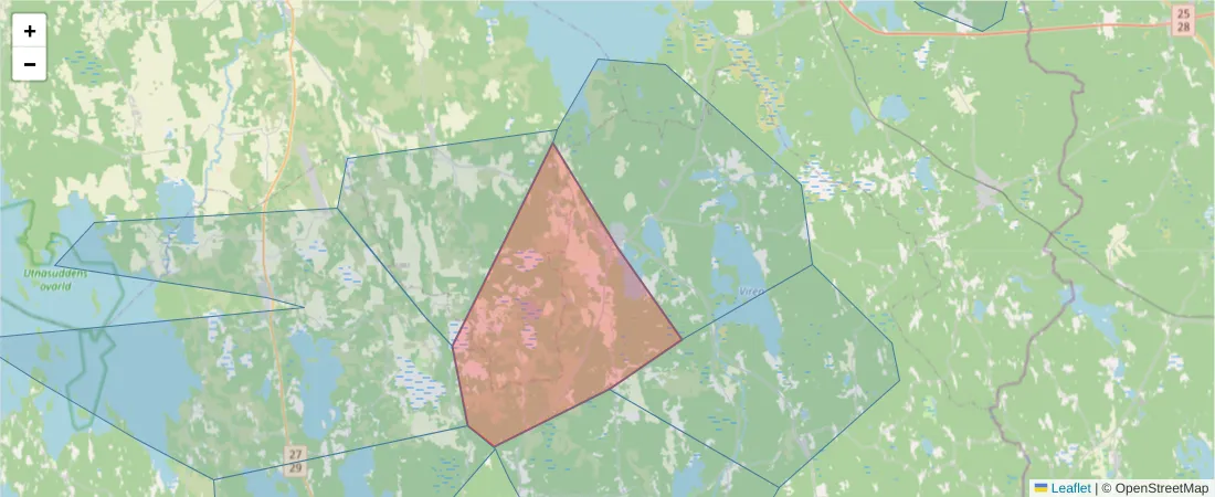 Karta över postnummerområdet  och angränsande postnummer i Sverige