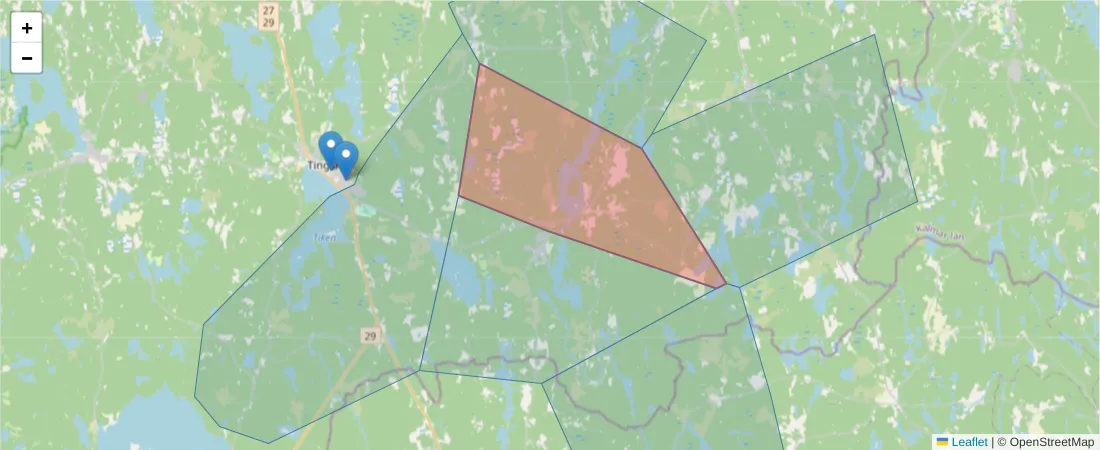 Karta över postnummerområdet  och angränsande postnummer i Sverige