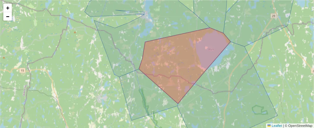 Karta över postnummerområdet  och angränsande postnummer i Sverige
