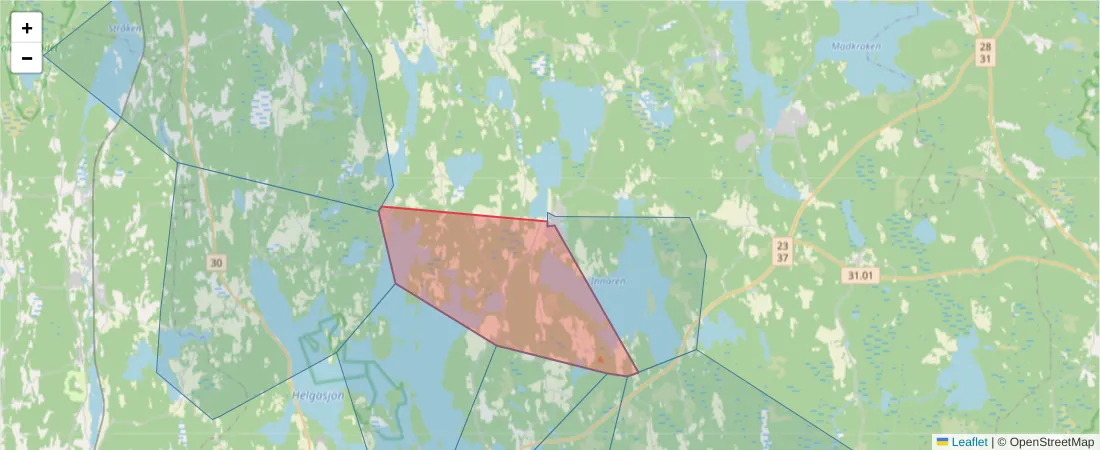 Karta över postnummerområdet  och angränsande postnummer i Sverige