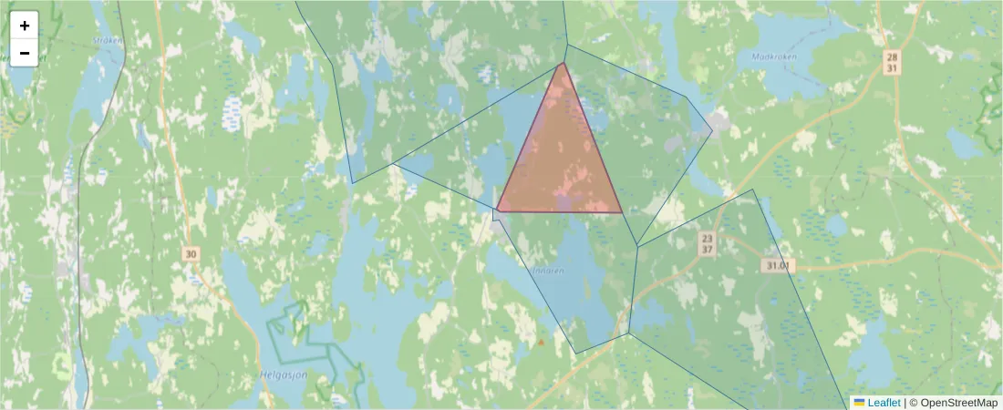 Karta över postnummerområdet  och angränsande postnummer i Sverige