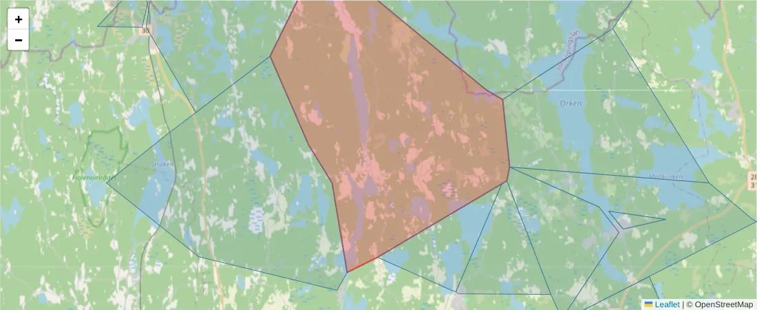 Karta över postnummerområdet  och angränsande postnummer i Sverige