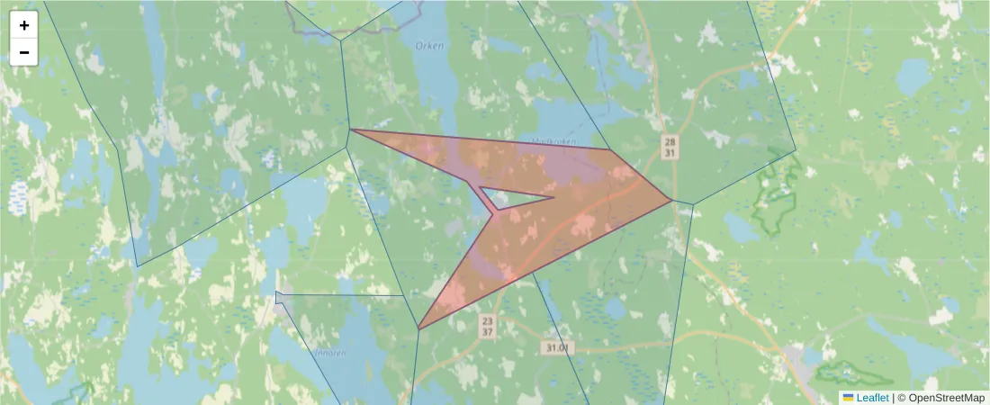 Karta över postnummerområdet  och angränsande postnummer i Sverige