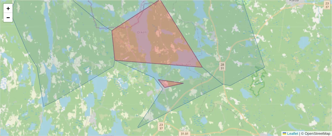 Karta över postnummerområdet  och angränsande postnummer i Sverige