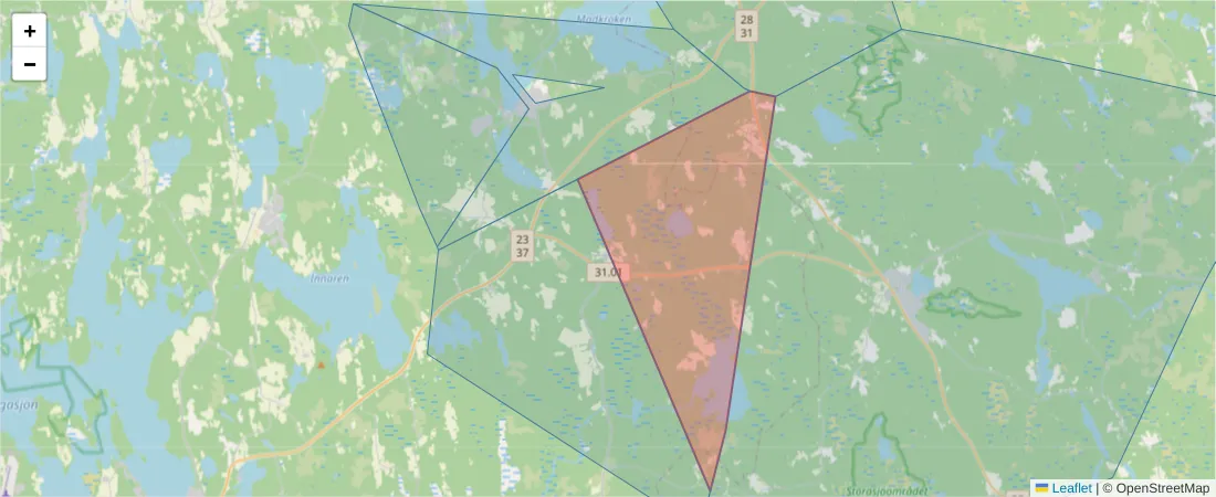 Karta över postnummerområdet  och angränsande postnummer i Sverige