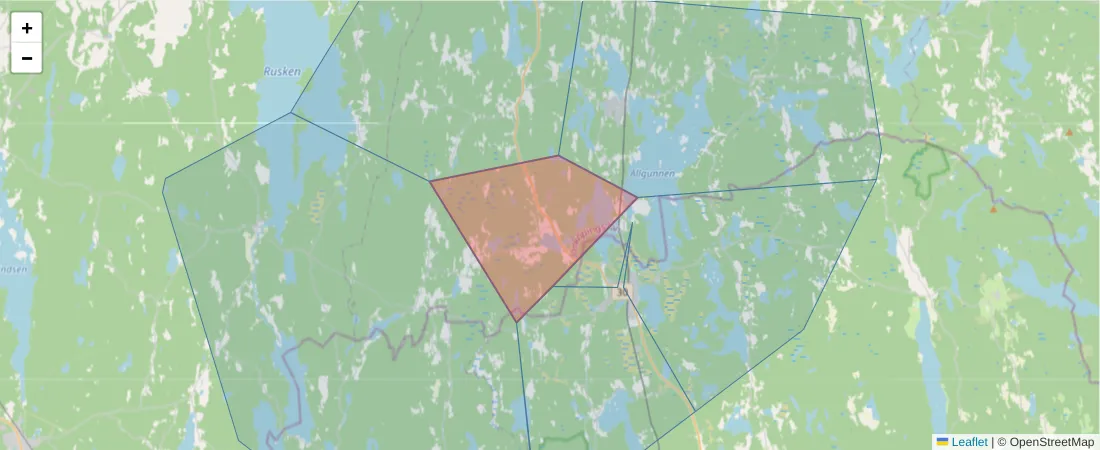 Karta över postnummerområdet  och angränsande postnummer i Sverige