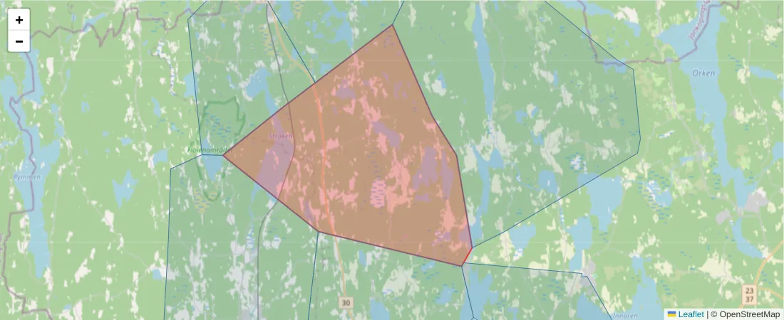 Karta över postnummerområdet  och angränsande postnummer i Sverige