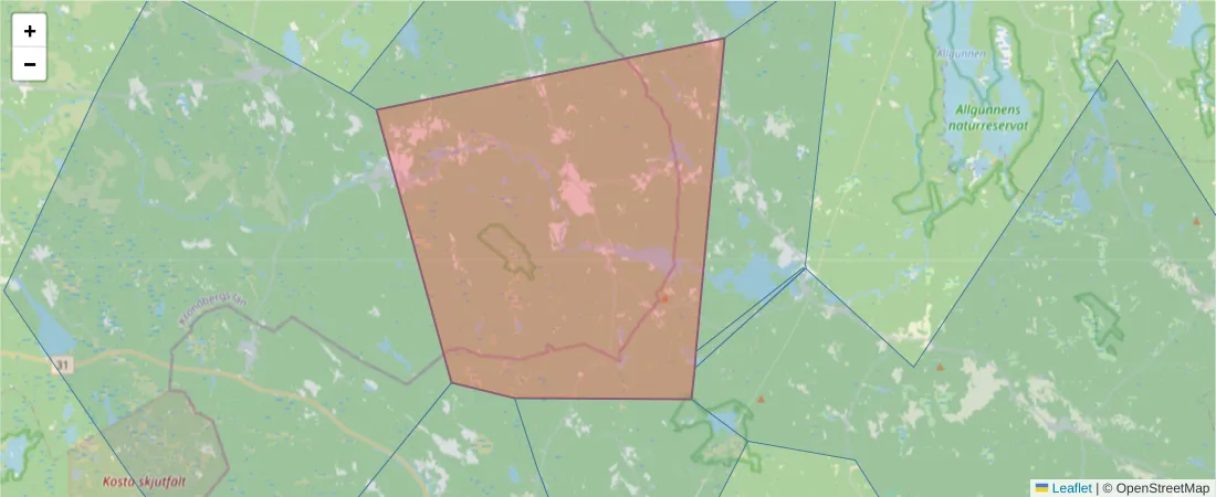 Karta över postnummerområdet  och angränsande postnummer i Sverige