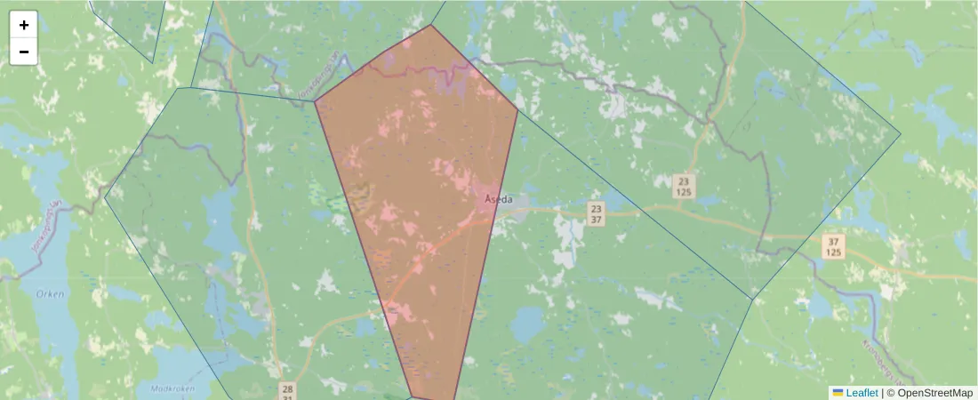 Karta över postnummerområdet  och angränsande postnummer i Sverige