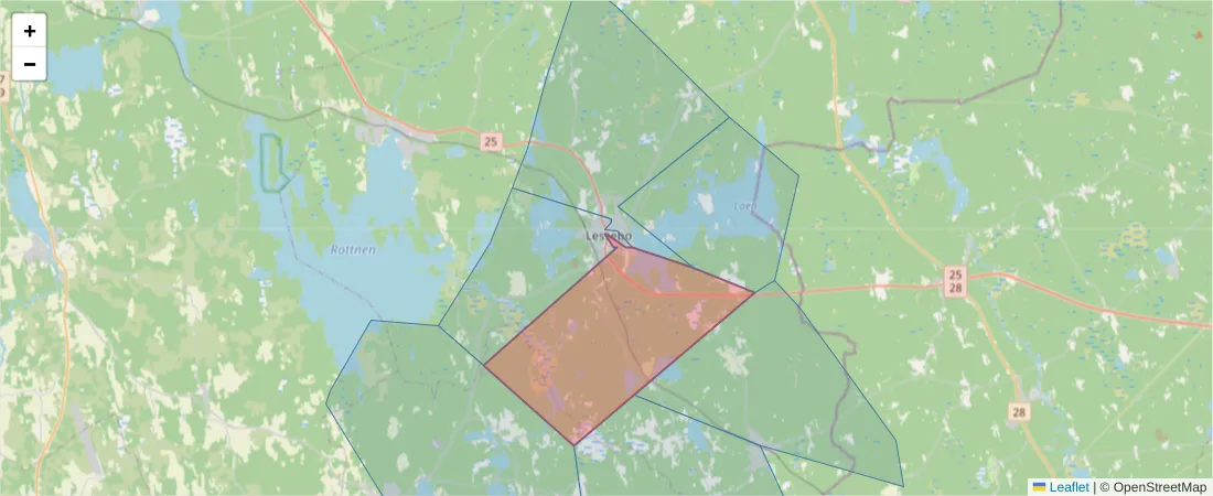 Karta över postnummerområdet  och angränsande postnummer i Sverige
