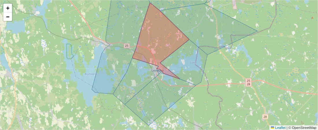 Karta över postnummerområdet  och angränsande postnummer i Sverige