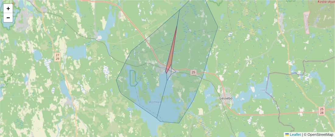 Karta över postnummerområdet  och angränsande postnummer i Sverige