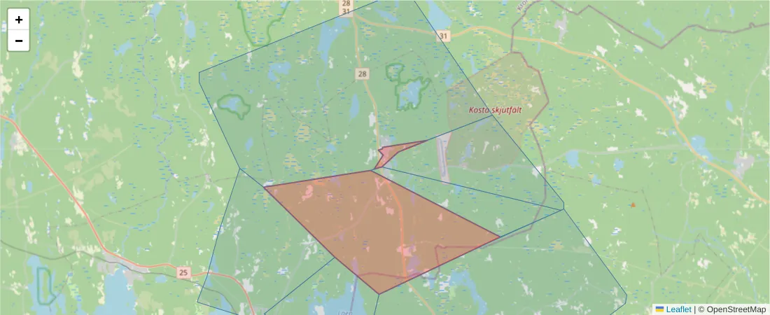 Karta över postnummerområdet  och angränsande postnummer i Sverige